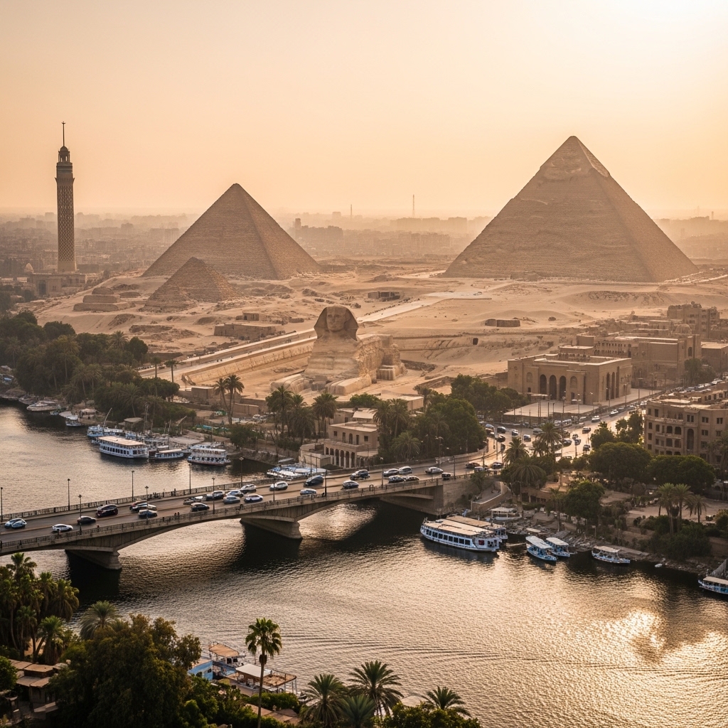 Nile River and Pyramids, Cairo