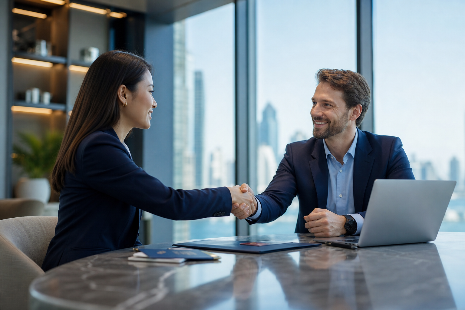 Two business professionals shaking hands in a modern office